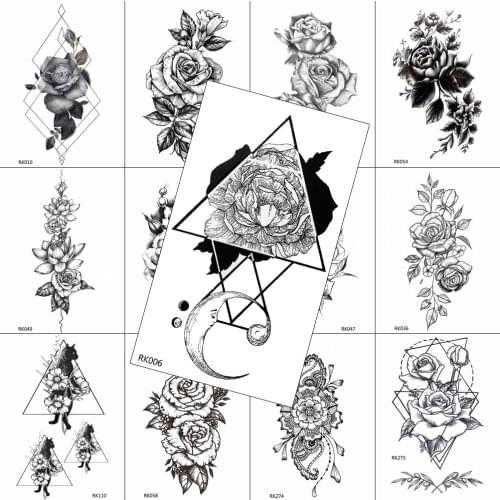 Beauty Flowers Temporary Tattoos Moon Sticker For Women Cheat Fake Body Art Waterproof Tattoo Black Geometric Rose Arm Tatoos