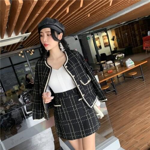 Black Plaid Woolen Tweed Jacket Coat + Mini Pencil Skirt Set Office Elegant Women Two Piece Set Outfits Tracksuit European B286