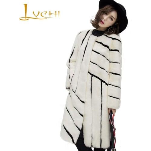 LVCHI Winter 2019 Female Long Sleeve Sold Elegant Real Mink Fur Coats Womens Causal Striped Slim O-Neck Causal X-Long Coats