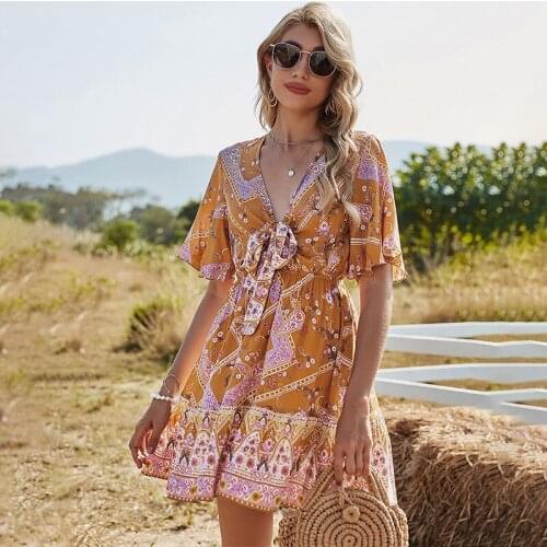 Womens dress 2021 summer short bow A-line skirt with V-neck print dress female
