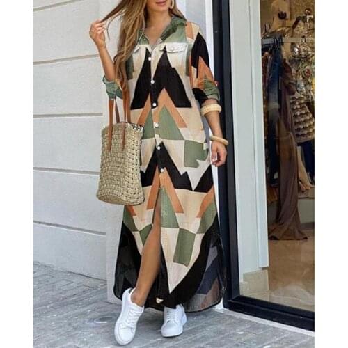 2021 Autumn Women New Casual Loose Long Sleeve Shirt Dress Ladies Fashion Printing Turndown Collar Split Irregular Dress Female