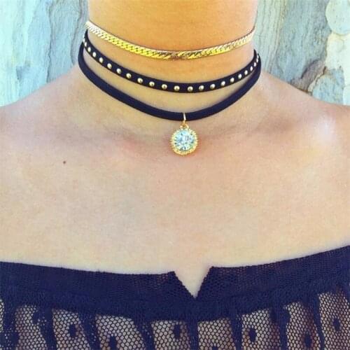 3 Pcs/Set Classic Lady Necklace Round Crystal Pendant Leather Clavicle Chain Gold Necklace Set Women Retro Dance Party Jewelry