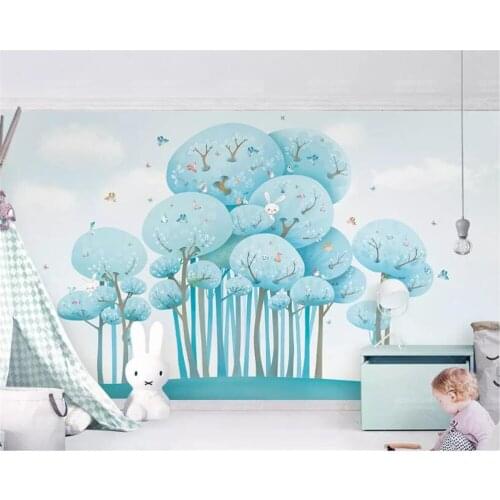 Beibehang 3d wallpaper blue cute cartoon forest rabbit bird children room background wall painting papel de parede 3d wallpaper