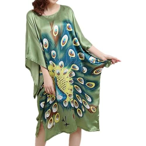 BALDAUREN Summer Bat Sleeves Peacock Imitation Silk Printing Large Size Round Neck Pajamas Nightdress Home Service Long Section