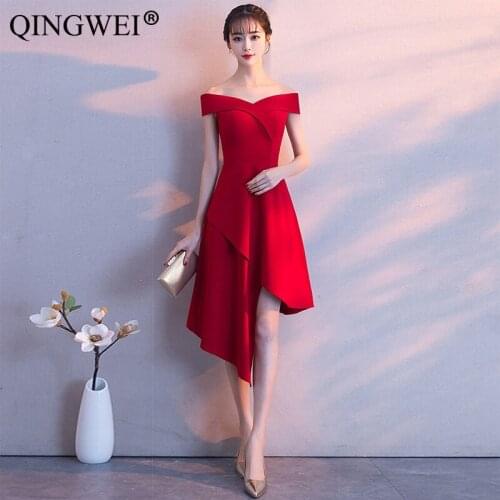 QINGWEI Banquet dress 2019 New elegant word shoulder long section bride toast clothing was thin annual party party style