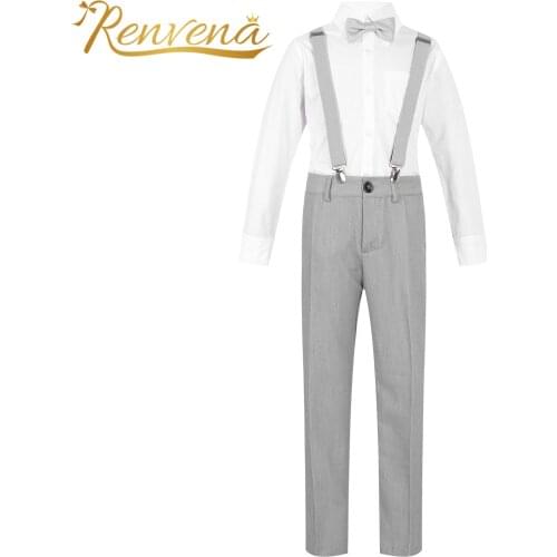 Kids Suits for Boys Clothes Bowtie Shirt Suspenders Pants Flower Boys Wedding Suit Gentleman Costumes 4Pcs Childrens Clothing