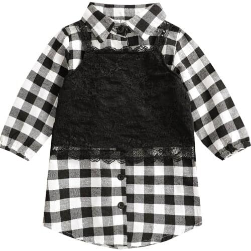 Infant Kids Baby Girl’s Long Sleeve Dress and Camisole Fashion Plaid Lapel Shirt Dress with Lace Cropped Vest 1-5T