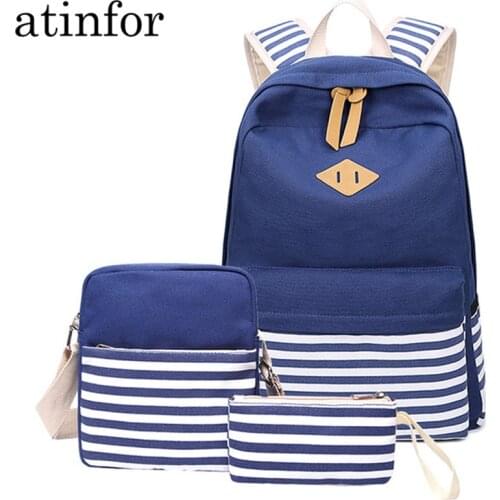 3pcs/set Canvas Stripe Women Backpack Student Bookbag with Shoulder Bags Laptop Back Pack Lady School Bag for Teenager Girls