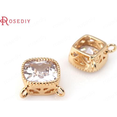 6PCS 6MM 7MM 8MM 24K Champagne Gold Color Brass with Zircon 2 holes Square Charms High Quality Diy Jewelry Accessories