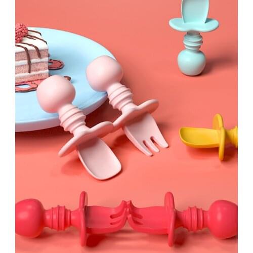 2Pcs Baby Utensil Spoon Fork Set with Travel Safe Silicagel Baby Children Feeding Training Spoon Easy Grip Heat-Resistant