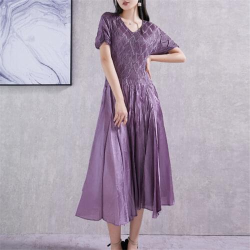 2021 spring womens dress Miyak folds fashion design loose large size long sleeve print womens And the calf dress robes