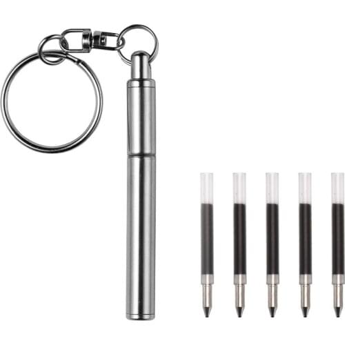 Multifunctional Portable Key Ring Stainless Steel Telescopic Pen 1pc Ball Point Pen 5pcs Refills Set Keychain Tool