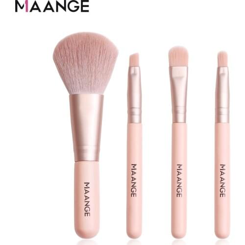MAANGE 4 Pcs Mini Makeup Brush Set Professional Wooden Handle Blush Eyeshadow Powder Foundation Brush Portable Make Up Brushes