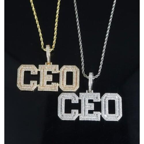 Gold Silver color Words CEO Pendant Necklace with 5mm cz tennis Chain Miami Cuban Link for Men Women Hip hop Jewelry
