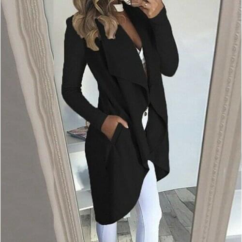 2020 Women Autumn Winter Coat Long Sleeve Office Coat Cardigans Suit Ladies Fashion Solid Pockets Slim Long Jacket