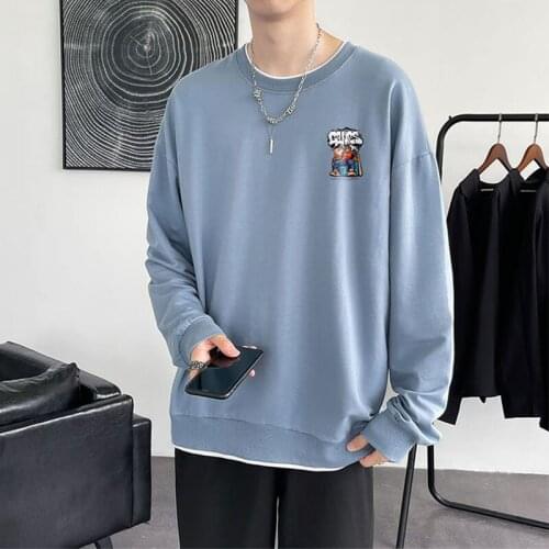 Qisvanset 2021 Fake Two Dresses Mens Sweater Long Sleeve Cotton Blue Pattern DANGER Design Lovers Unisex Loose Hoodie