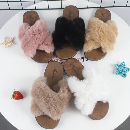 Fashion Furry Slides New Women Plush Ladies Slippers Flat Bottomed Cross Belts Daily Outdoor Indoor Slip-on Fur Female Shoes