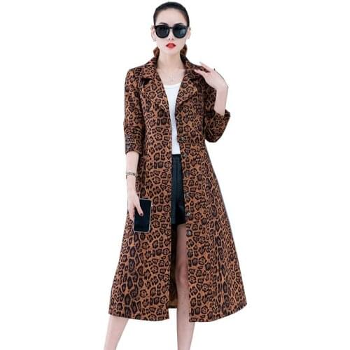 Mid-length Windbreaker Coat Women Spring Autumn Jacket New Fashion Leopard Lined Outerwear Female Casual Plus Size Top Overcoat