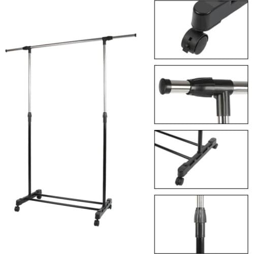 Retractable Stainless Steel Clothes Rack Rail Hanging Adjustable Telescopic Hanging Rail With Wheels Storage Shelf Rack HWC