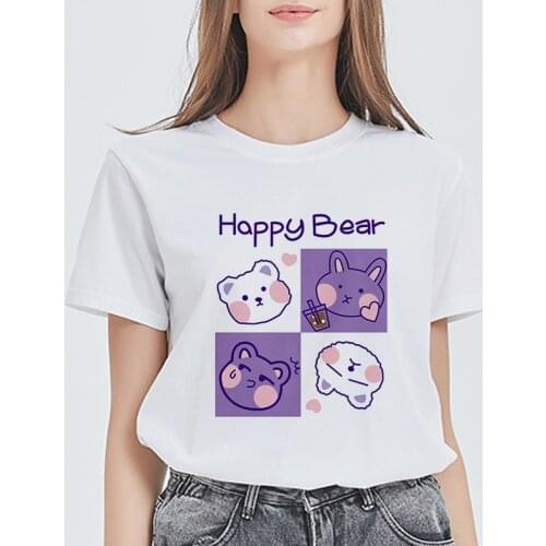 Women Cute Happy Bear Printed Short Sleeve T shirt Fashion Cartoon Summer Kawaii Graphic Top Tee Female Tshirts Clothes T-Shirt