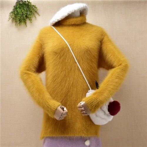 Female women autumn winter thick warm hairy plush mink cashmere knitted turtleneck slim blouses pullover angora jumper sweater