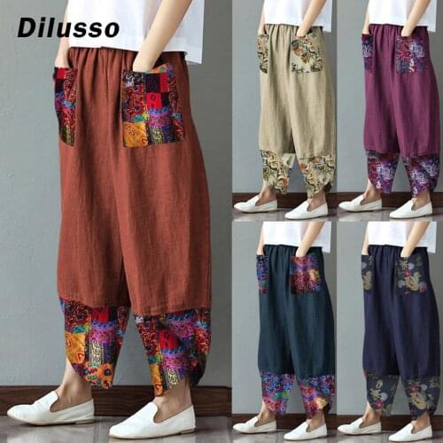 Vintage Printed Harem Pants Women Trousers Casual Elastic Waist Cotton Linen Wide Leg Pants Loose Summer Plus Size Pant#D3