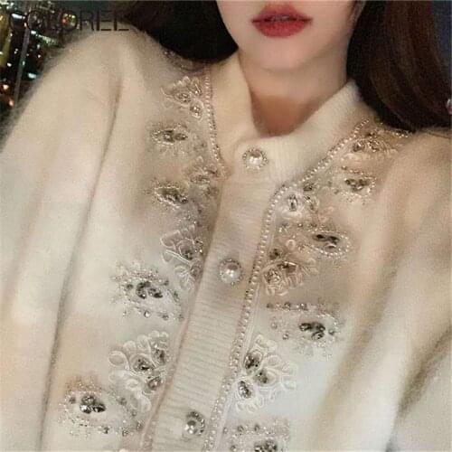 Korean Fashion Autumn Winter Clothes Luxury Crystal Beading Thick Sweater Women 2020 White Mink Cashmere Knitted Cardigan