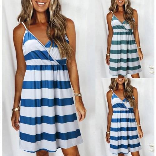 Fashion Summer Dresse leeveless Casual Dress Straps Backless Dresse Womens V-Neck Stripe Elegent Beach Dress Пляжное платье