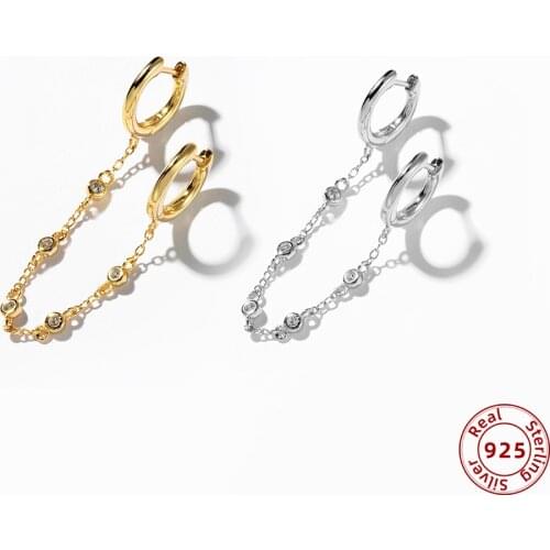 1 pcs Punk Long Chain Earrings for Women 100% 925 Sterling Silver Female Double Huggie Circle Round Earrings Fashion Jewelry