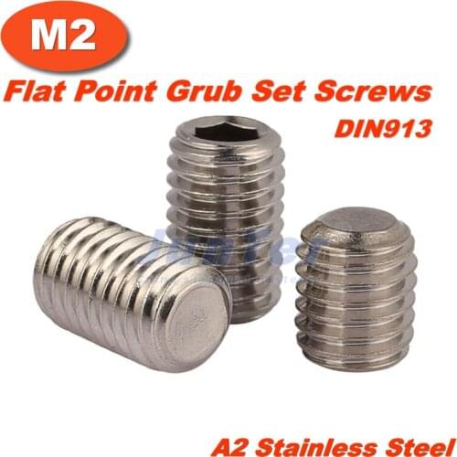 100pcs/lot M2(2mm) A2 Stainless Steel Flat Point Grub Hex Socket Set Screws DIN913