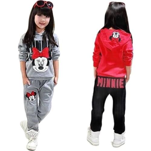 Disney Mickey Minnie 2pcs Baby Girls Kids Minnie Mouse Clothes Set Long Sleeve Hooded Coat Pants Oufits Clothes Set
