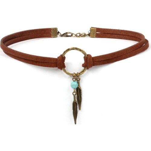 2020 Fashion Jewelry Gift Choker Brown Leather Choker Necklace Antique Copper Color Feather Shape Charm Vintage Chain Necklace