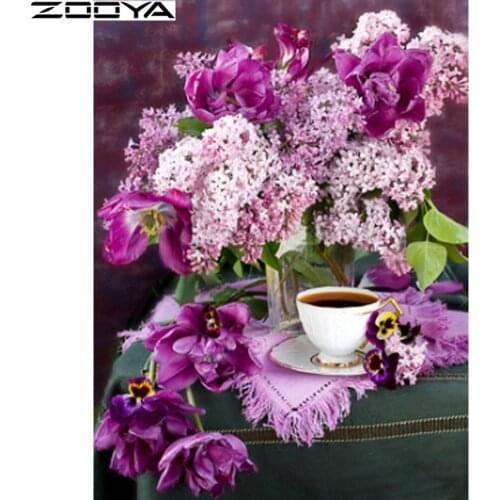 5D DIY Diamond Painting Cross-Stitch Kits Diamond Embroidery Pictures Of Rhinestones Purple Flower Cup Painting By Numbers R1198