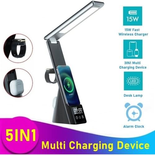 5 IN 1 Fast Wireless Charger Stand For iPhone 12 11 Pro Max XS Alarm Clock Table Lamp Charger Station for Apple Watch AirPods