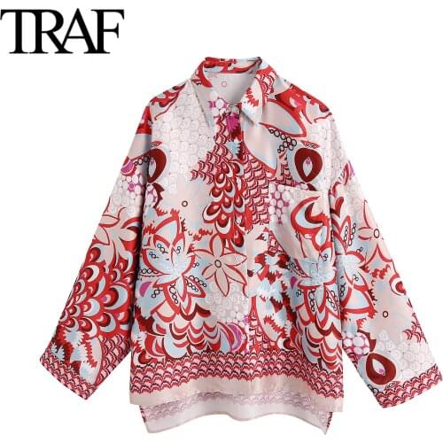 Traf Za Women Clothing 2021 Spring Autumn Long Sleeve Blouses Vintage Street Chic Loose Shirts Gothic Print Ladies Buttoned Tops