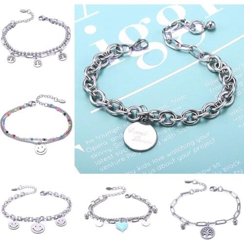 Tree Owl Smiley Stainless Steel Charm Bracelet Double Layer Single Layer Figaro Chain Bracelets For Men Women Jewelry Gifts