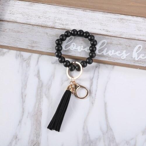 Original Color Wooden Beads Keychain with Tassel For Men Women Fashion Black Bead Wood Keychain Beaded Wrist Strap Keyring