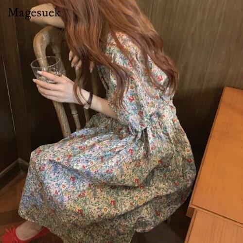 Women 2021 Midi Long Party Dress French Style Vintage Puff Sleeve Floral Print Dresses Vestido Feminino Dress for Women 14557