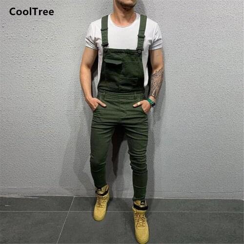 CoolTree Men Strap Jeans Four seasons Solid color Denim Overalls Pant Male Trousers Casual Bib Multi-pocket Jumpsuits Streetwear