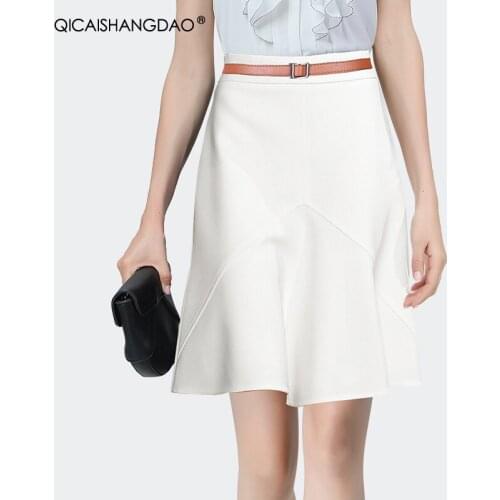 Elegant Mid-Length Little White Skirt With Belt Spring Summer New High Waist A-Line Shirring Skirts Plus Size Office Lady Bottom