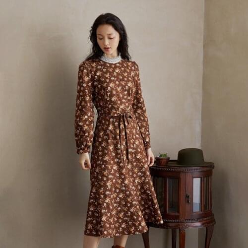 INMAN Autumn Spring Womens Dress With Bandage Pastoral Floral Lace Stand Collar Design Long Sleeves Lady One-Piece