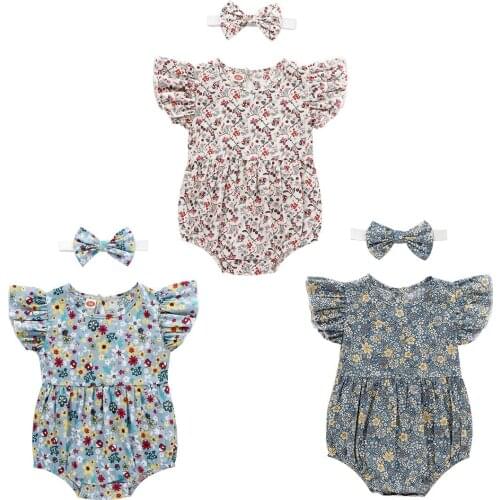 Summer Infant Girl 2Pcs Flower Printed Romper Set, Fly Sleeve Round Neck Triangle Bodysuit with Headband for 0-24 Babies Wear