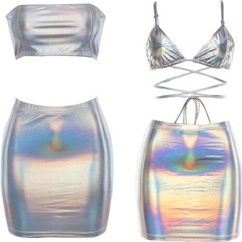 Women Sexy Shiny Metallic 2 Pieces Outfits Set Strappy Bandeau Tube Top Vest Mini Skirt Holographic Bodycon Clubwear