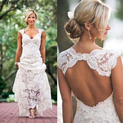 MYYBLE Lace Bohemian Wedding Dresses V-neck Cap Sleeves Keyhole Back Vintage Bridal Gowns