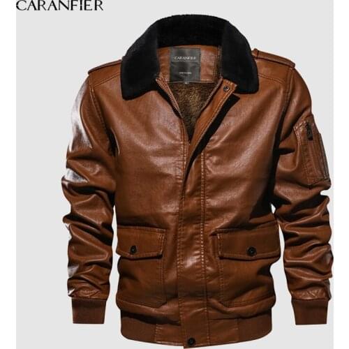 CARANFIER Mens Jacket PU Leather Jacket Turn-Down Collar Zipper Warm Jacket Casual Imitation Fur Leather Jacket Standard US Size