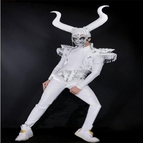 WYY Mens ballroom dance costumes dj mask Skull stage show suit armor club singer catwalk models wears Horn clothe performance