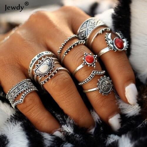 Bohemian 14pcs/Set Vintage Silver Color Moon And Sun Midi Female Ring Sets for Women 2018 New Red Knuckle Rings Fashion Jewelry