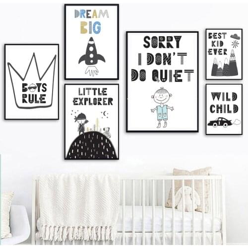 Cartoon Adventure Nursery Wall Art Print Poster Boys Rule Dream Big Baby Kid Room Decorative Canvas Painting Black White Decor