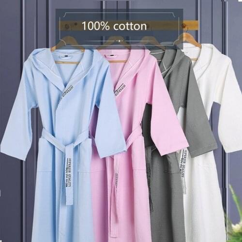 New 100% pure Cotton material plain color bathrobes robes Unisex Hooded pajamas sauna clothes waffle Sleepwear water absorption