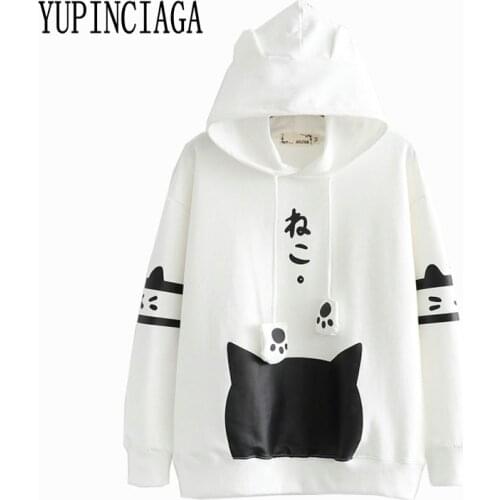 YUPINCIAGA Spring New Womens Japanese Style Letter Cat Head Printed Long Sleeve Hooded Cotton Hoodies Cartoon Print Harajuku